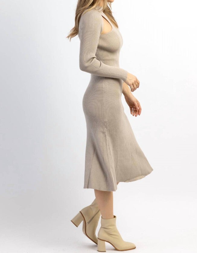 CUTOUT KNIT MIDI DRESS IN SMOKEY TAUPE, Smokey Taupe / Beige, alternate image number null