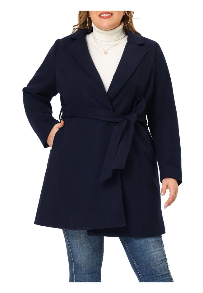 Notched Lapel Tie Waist Peacoat Long Trench Jackets, Navy Blue / Navy, alternate image number 2