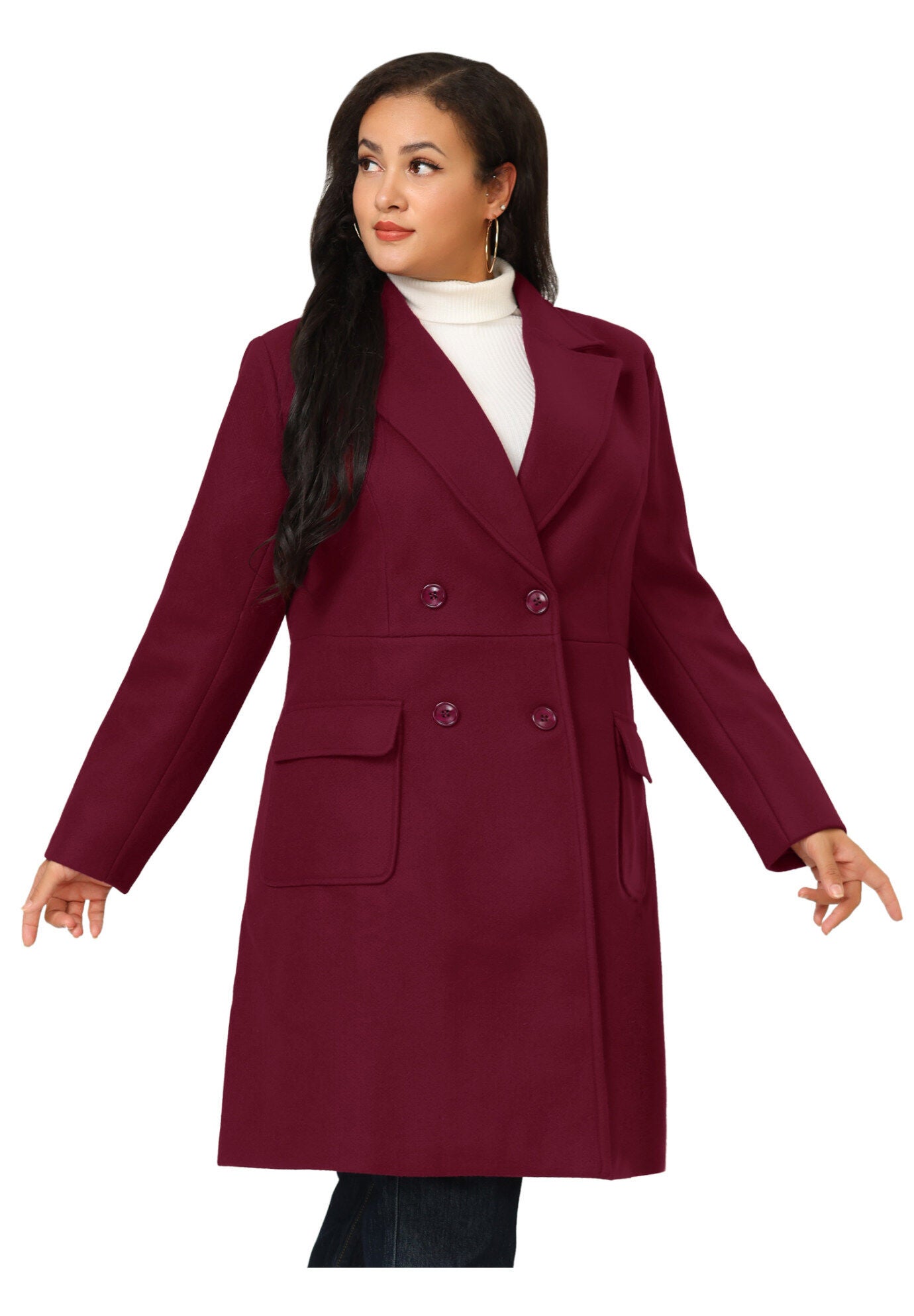 NOTCH LAPEL DOUBLE BREASTED PEA TRENCH COAT, Burgundy / Red, alternate image number 2