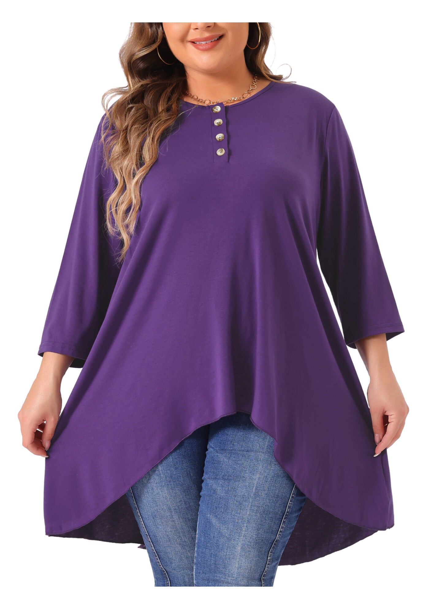 3/4 Sleeve Buttons Crew Neck High Low Loose Fit Tunic Top, Purple / Purple, alternate image number 2