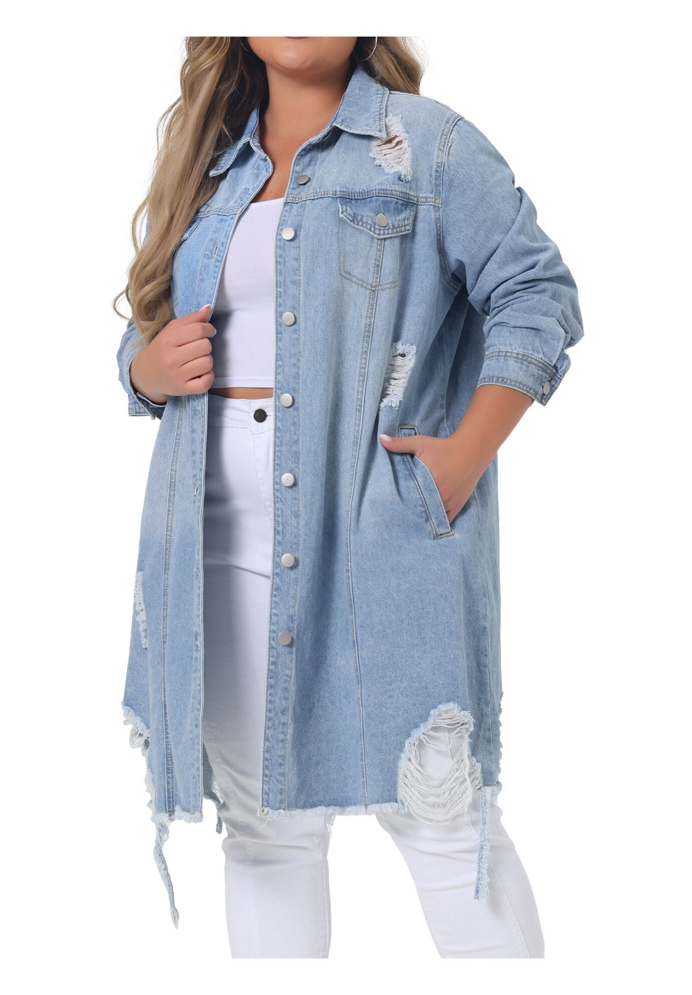 CLASSIC DISTRESSED FRAY HEM TRUCKER DENIM JACKET, Light Blue / Light Blue, alternate image number 1