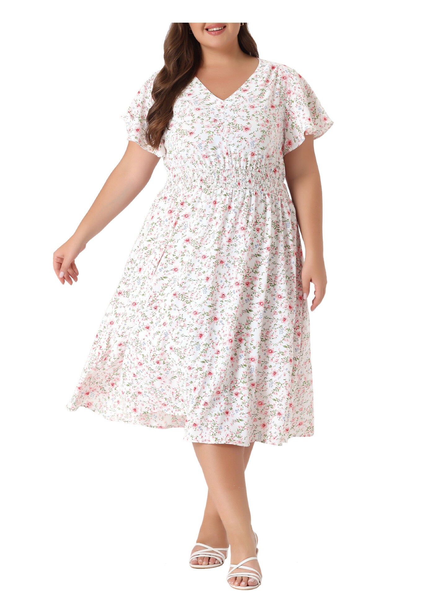 Summer Floral Print V Neck Smocked A-Line Flowy Midi Dress, White / White, alternate image number 4