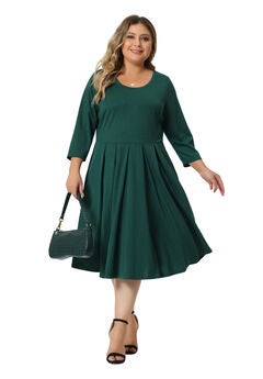 3/4 Sleeve with Pockets A Line Flowy Flare Midi Dress