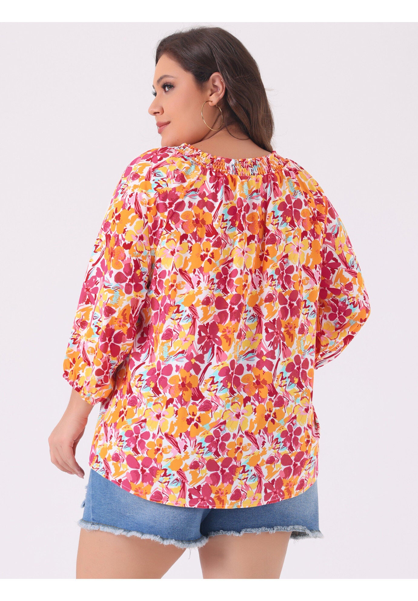 Floral Loose Top Tie 3/4 Sleeve Beach Tunic Blouse, Orange / Orange, alternate image number 3