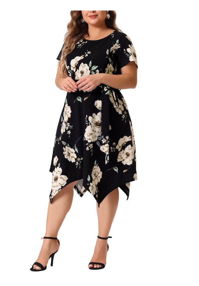 Printed Retro High Low Short Sleeves Dress, Black White / White, alternate image number 1