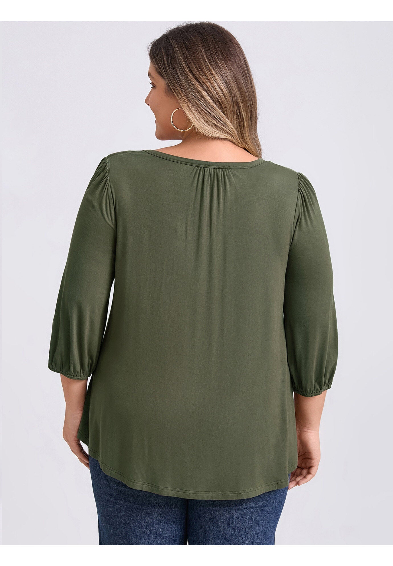 Smocked 3/4 Sleeve Notch V Neck Shirt Blouse, Army Green / Olive Green, alternate image number 2
