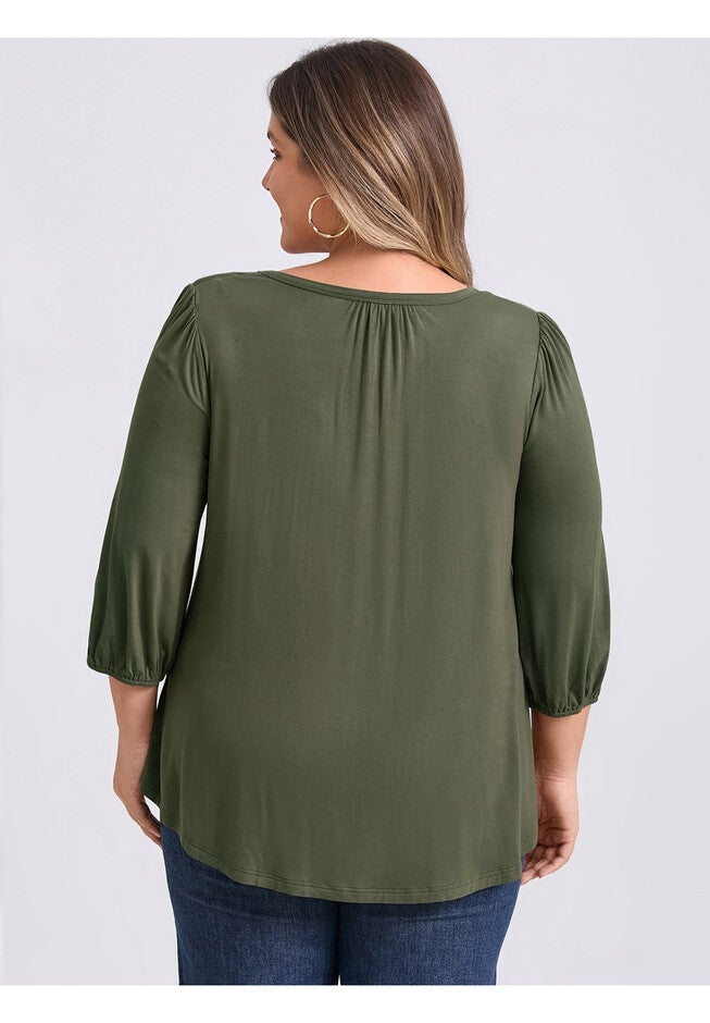 Smocked 3/4 Sleeve Notch V Neck Shirt Blouse, Army Green / Olive Green, alternate image number 2