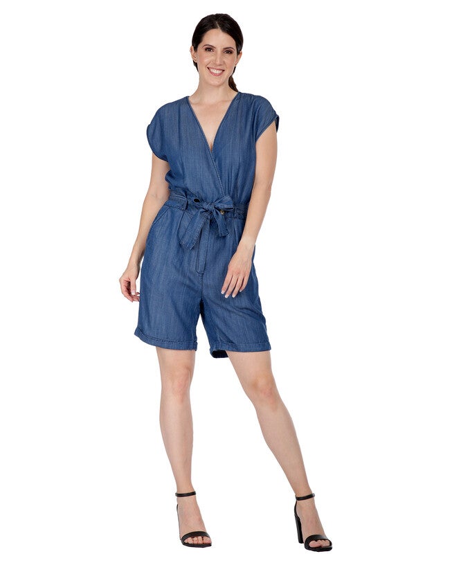 Eleanor Women's Plus Size Cap Sleeve V-neck Front Tie Tencel Denim Romper, Indigo Rinse / Medium Wash, alternate image number 3