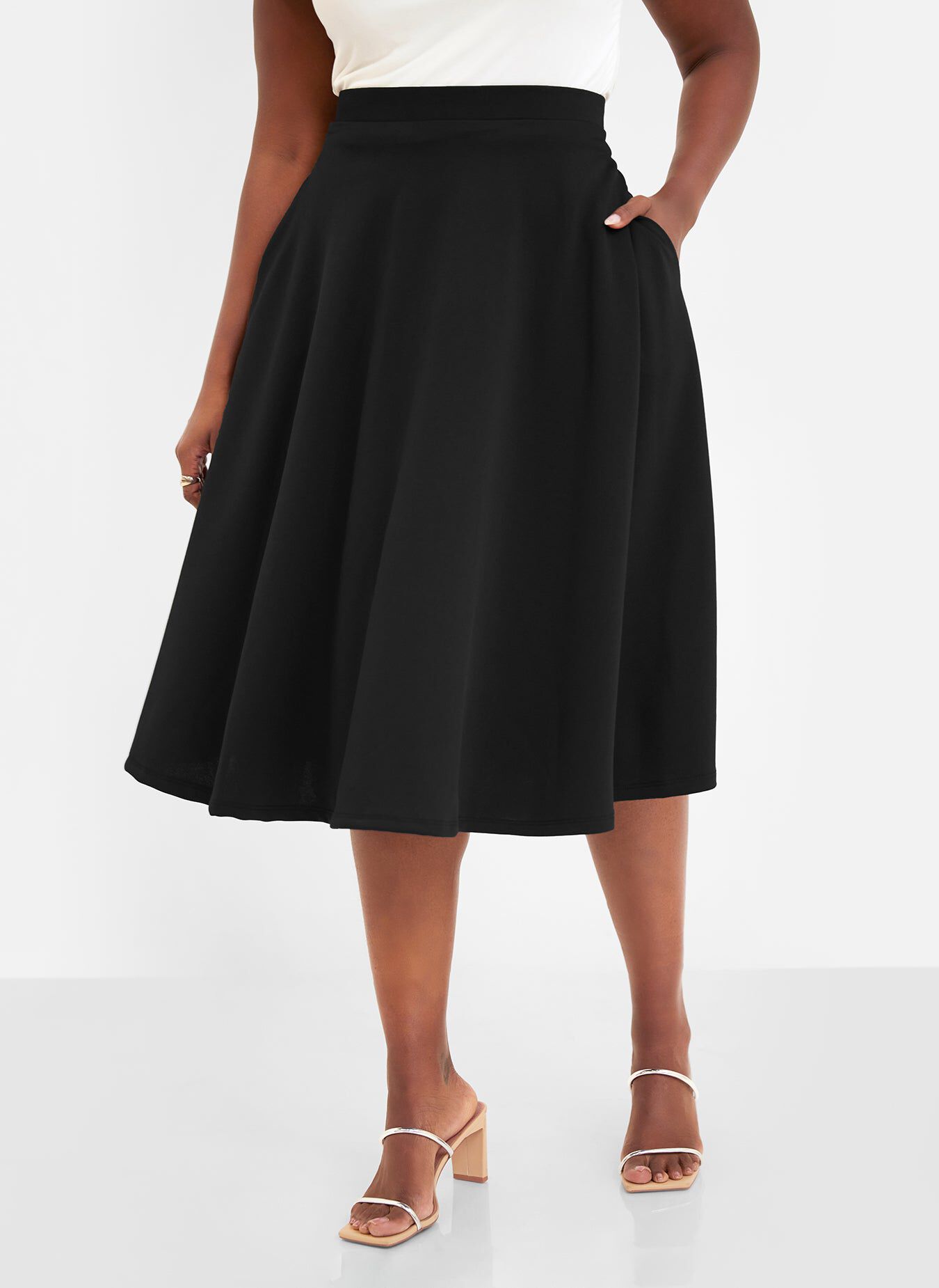 Essential Crepe Midi Skater Skirt, Black / Black, alternate image number 1