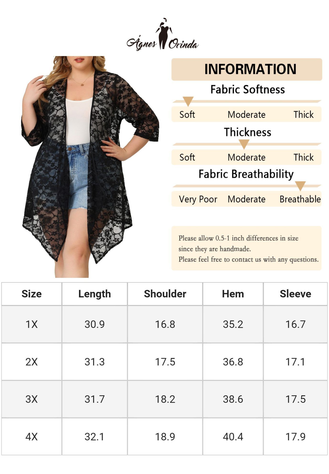 OPEN FRONT 3/4 SLEEVES CROCHET CARDIGAN COVER UP, Black / Black, alternate image number 4
