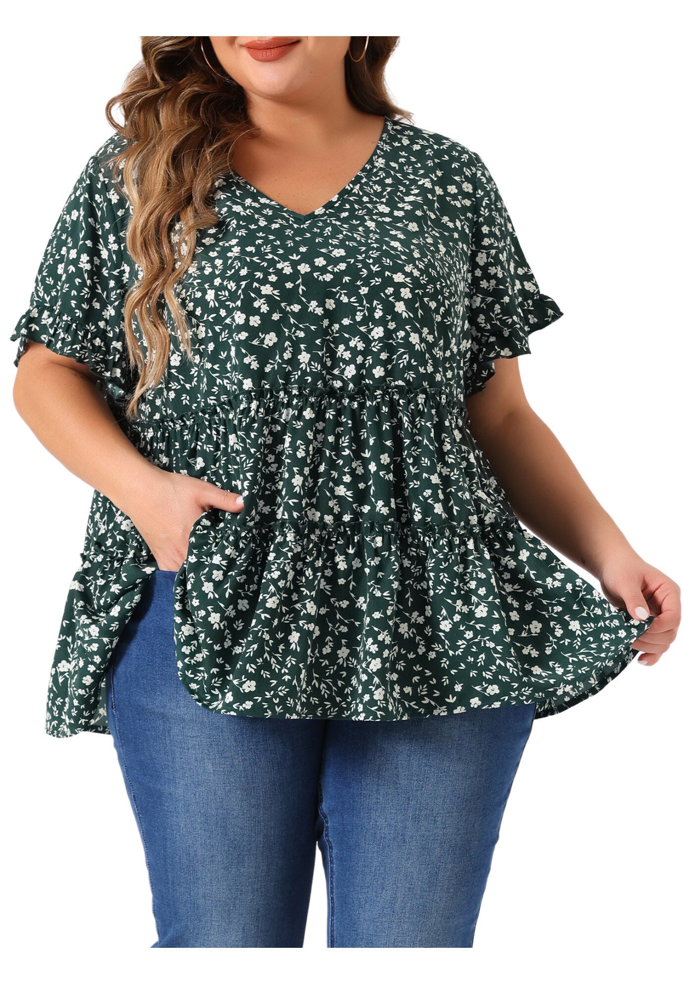 Floral Print V Neck Ruffles Sleeve Tiered Babydoll Blouse, Green / Forest Green, alternate image number 2