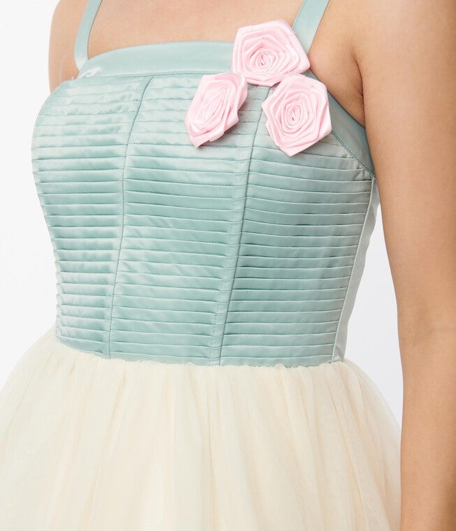 Unique Vintage Sage & Ivory Tulle Swing Dress, Green White / Ivory, alternate image number 2