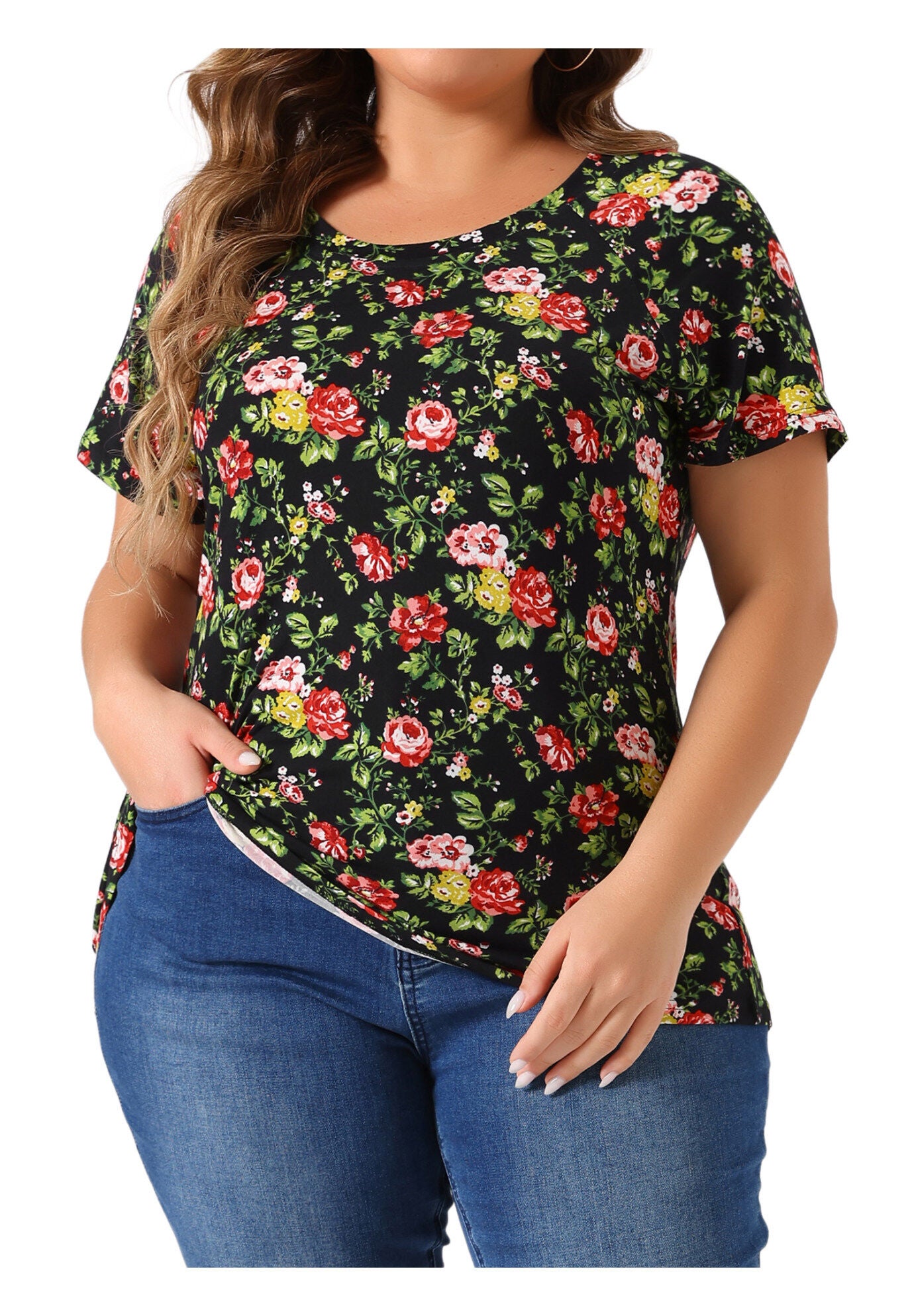 Floral Blouse Short Sleeves Loose Top, Black / Black, alternate image number 2