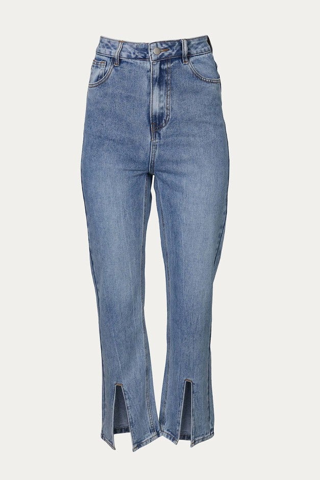 HIGH-RISE SPLIT HEM JEANS IN BLUE, , alternate image number null