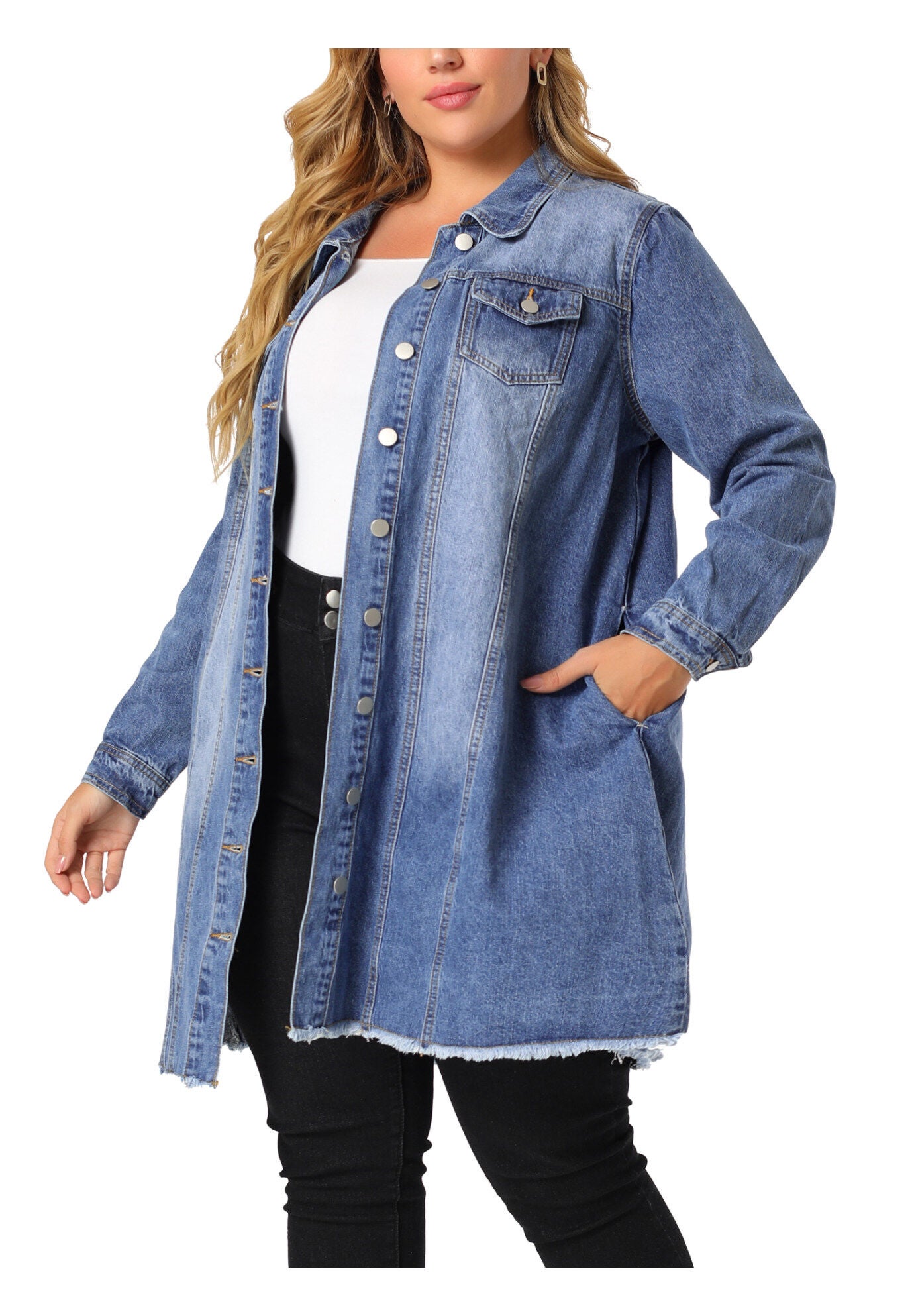 DISTRESSED BUTTON UP POCKET LONG DENIM JACKET, Blue / Royal Blue, alternate image number 2