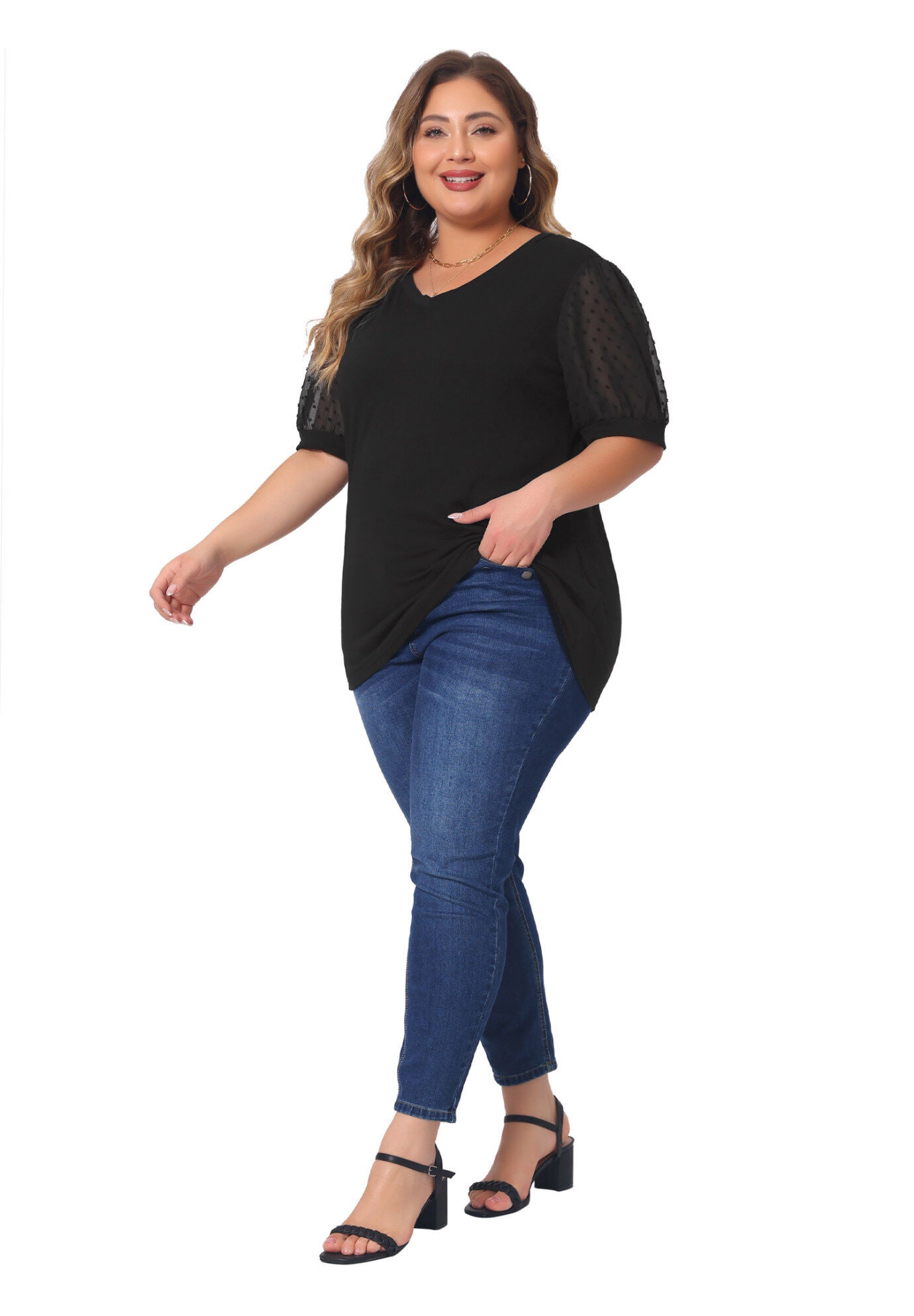 V Neck Swiss Dots Puff Sleeve Loose Top, Black / Black, hi-res image number 0