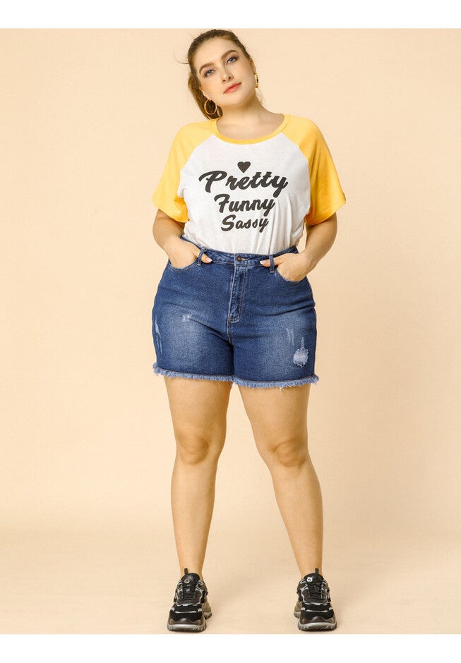 HIGH WAISTED RIPPED STRETCHY DENIM JEAN SHORTS, Blue / Light Blue, alternate image number 1
