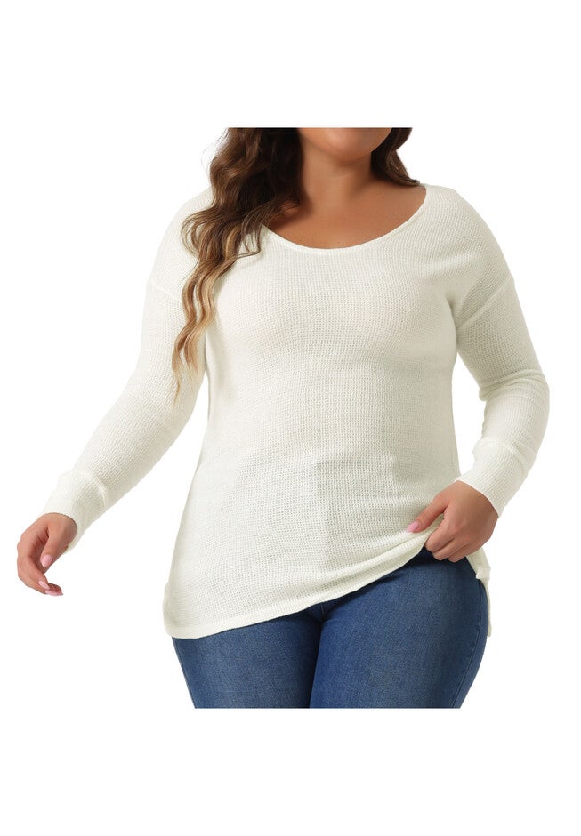 V Neck Waffle Knit Long Sleeve Shirt Basic Top, White / White, alternate image number 2