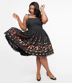 1950s Black & Orange Dia De Los Muertos Cutout Bobbie Swing Dress