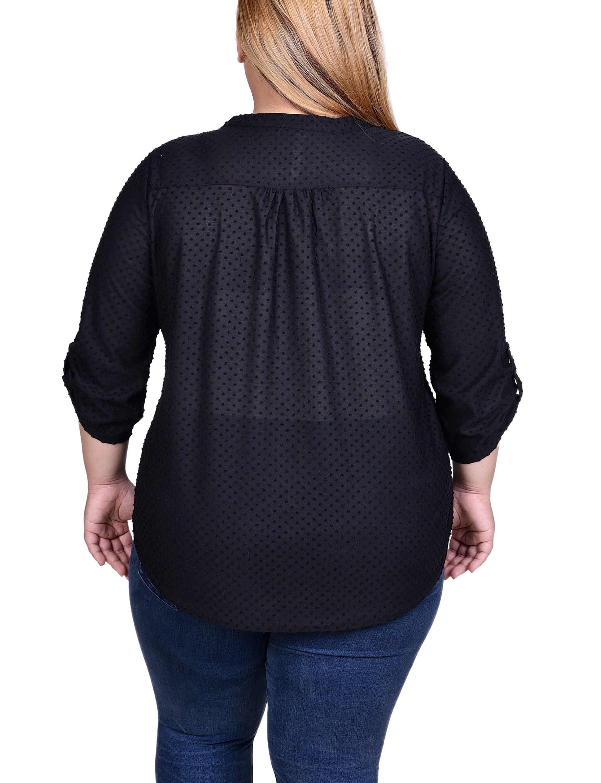 3/4 Sleeve Roll Tab Y Neck Top, Black, alternate image number 1