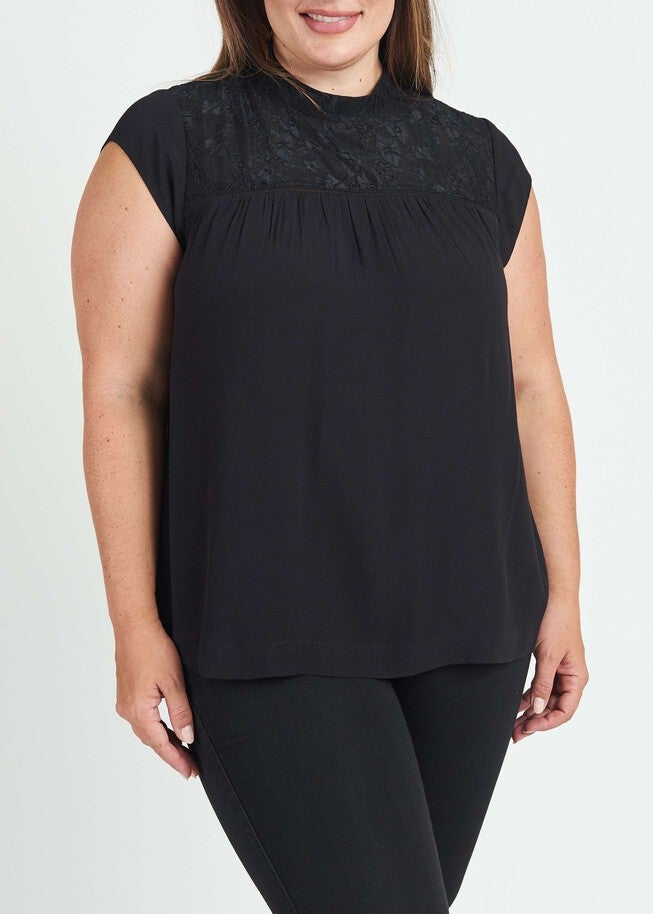 Tatiana Cap Sleeve Blouse with Lace Yoke, BLACK / Black, hi-res image number null