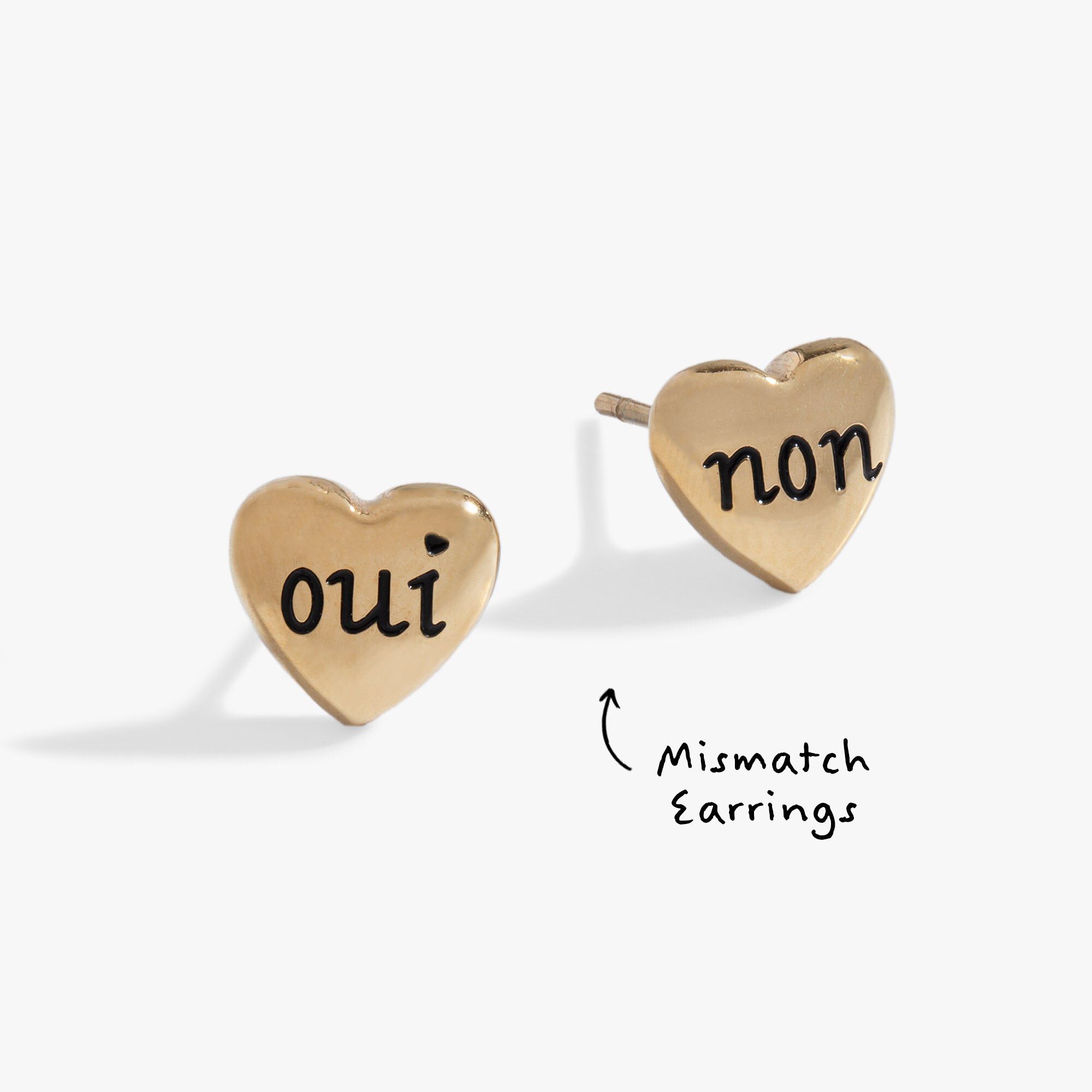 Engraved French 'Oui' & 'Non' Heart Stud Earrings, Gold / Gold, hi-res image number 0