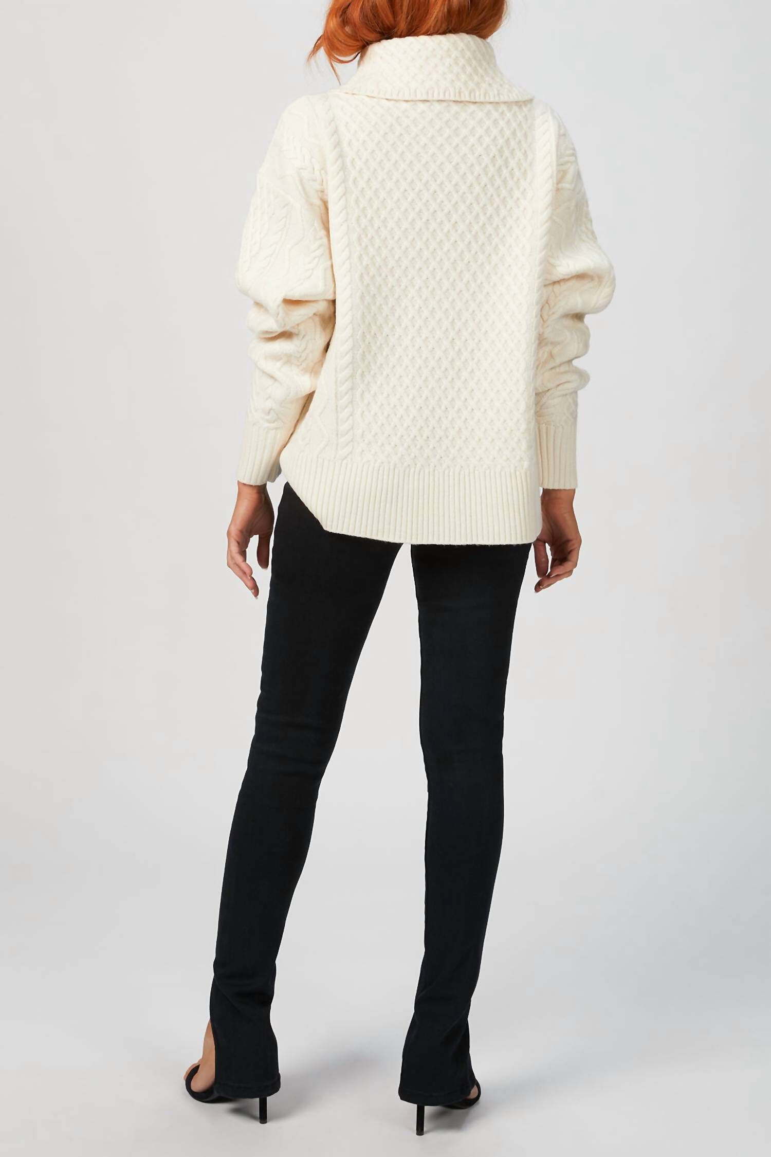 CABLE KNIT KEY HOLE SWEATER IN IVORY, Ivory / White, alternate image number 4