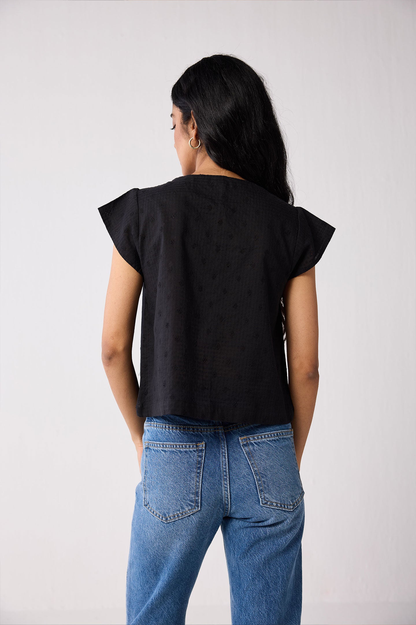 V-Neck Embroidered Top with Front Buttons in Black, Black / Black, alternate image number 1