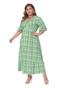 Bell Sleeve Ruffled Hem V Neck Short Sleeve Boho A Line Long Dress
