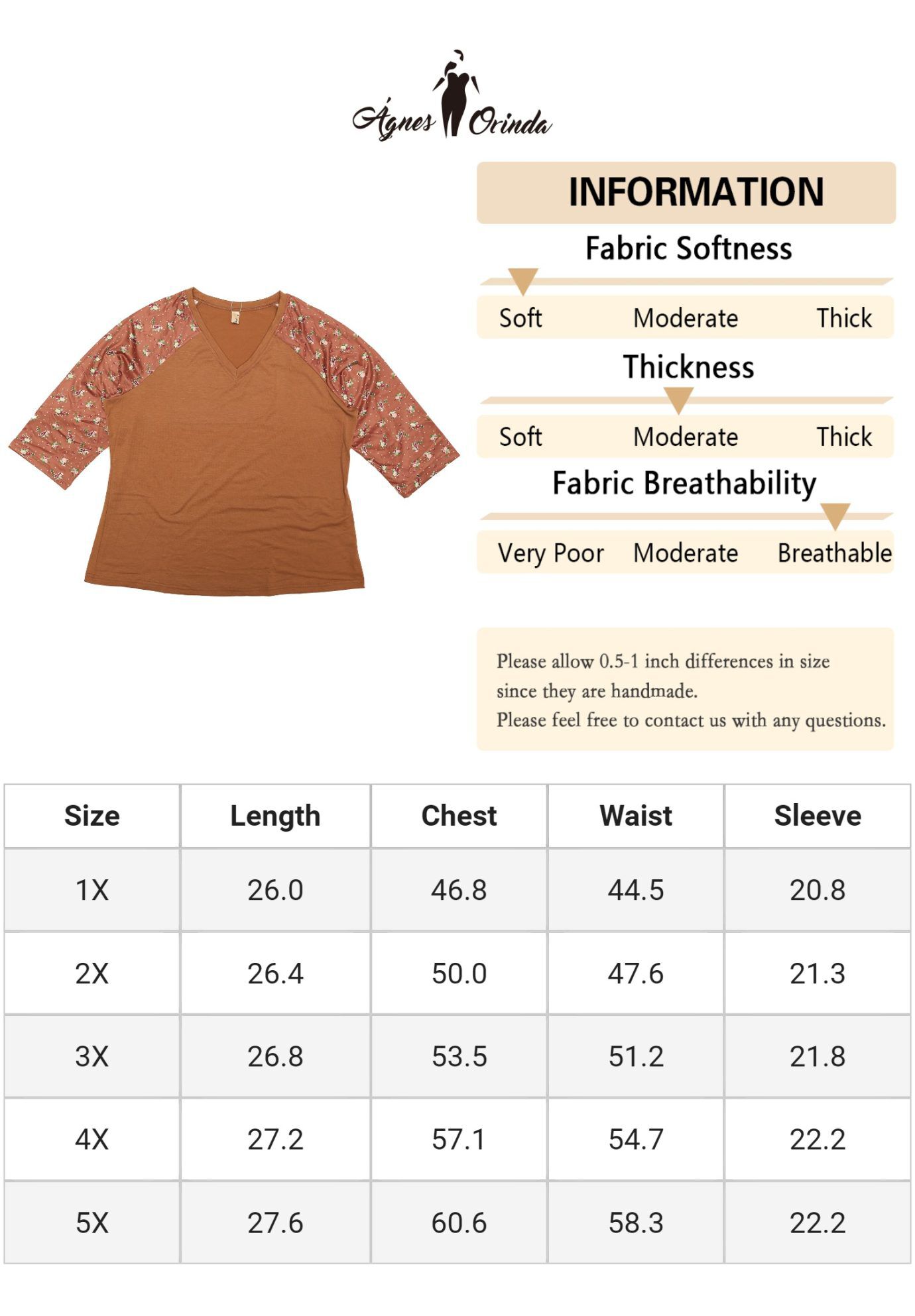 Casual V Neck 3/4 Sleeve Floral Raglan Top, Brown / Brown, alternate image number 4