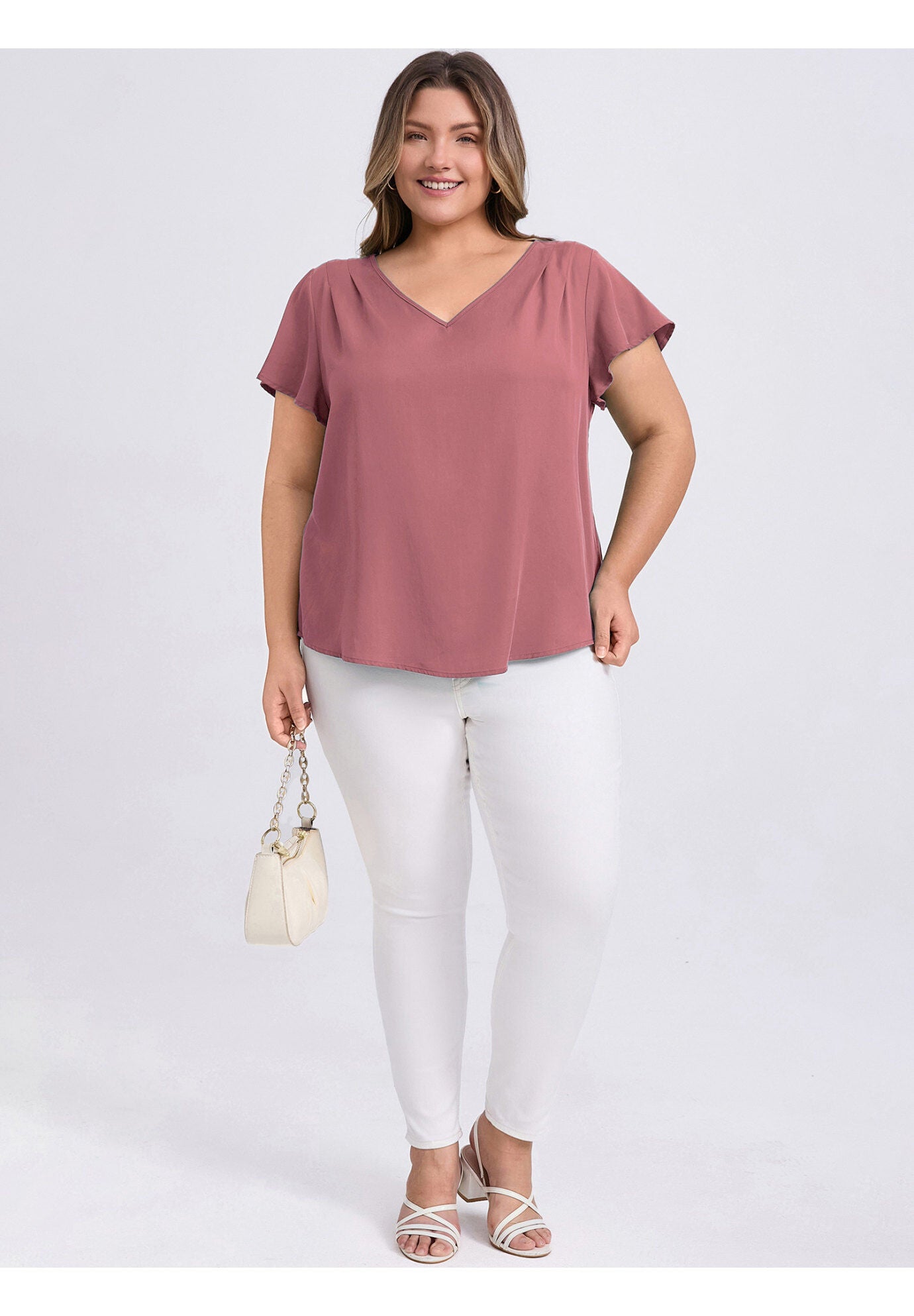 V Neck Shoulder Pleated Ruffle Short Sleeve Blouse, Dark Pink / Pink, alternate image number 1