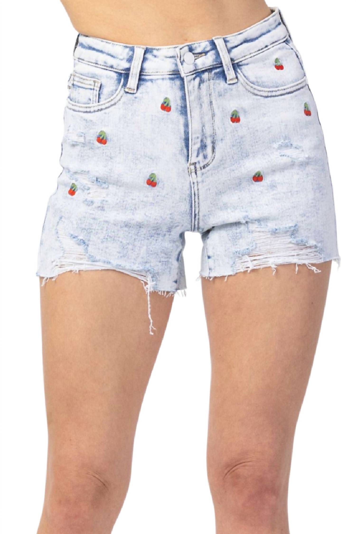 Cherry Embroidery High Rise Cut-Off Short In Acid Wash, Acid Wash / Light Blue, hi-res image number 0