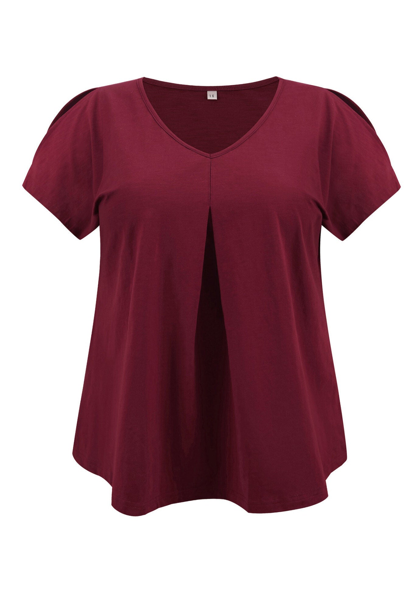 Front Pleated V Neck Slit Sleeve Blouses Cold Shoulder Casual Summer Tee Top, Dark Burgundy / Burgundy, alternate image number 3