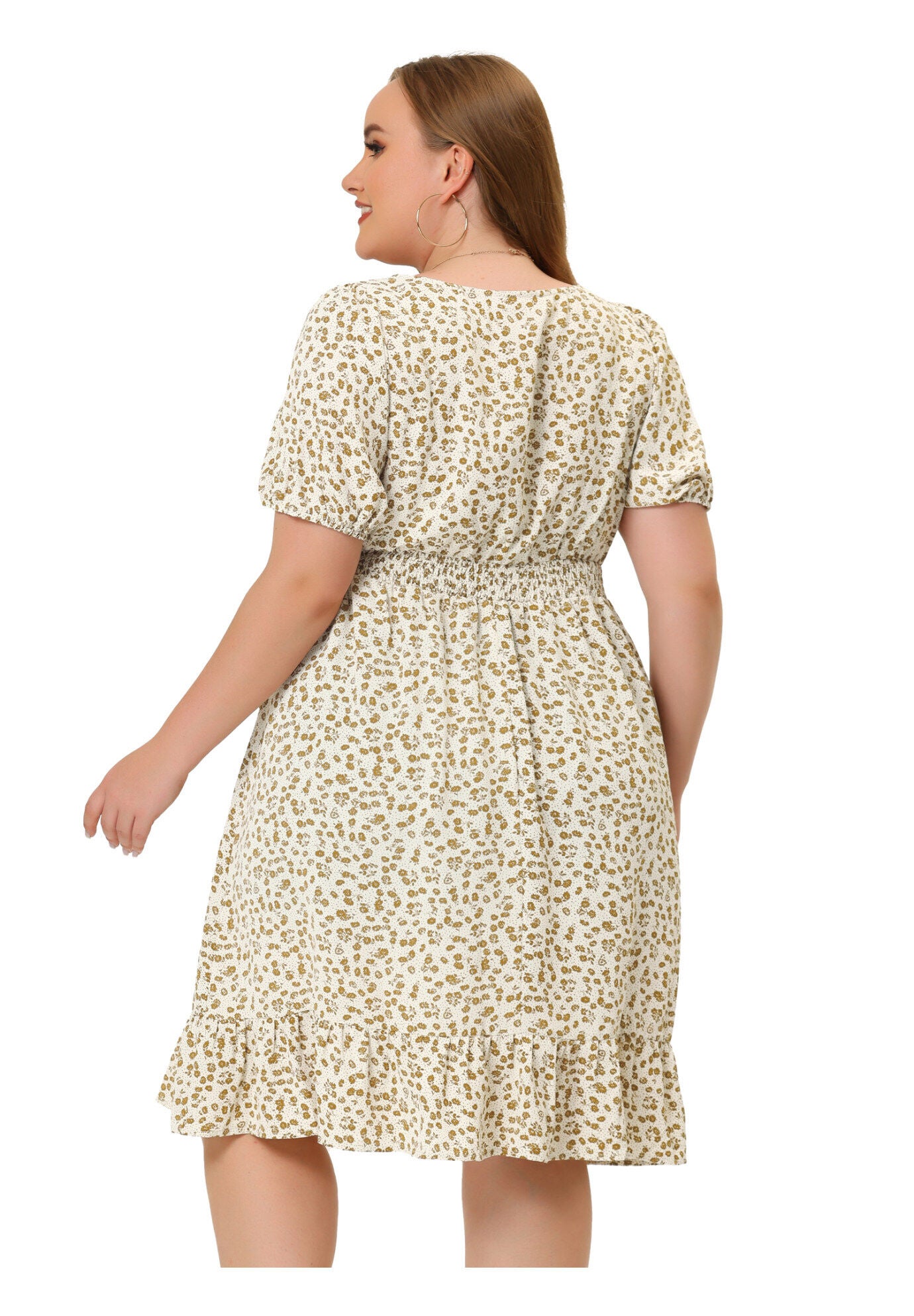 SHORT SLEEVE SQUARE NECK ELASTIC WAIST FLORAL DRESS, Apricot / Cream, alternate image number 3