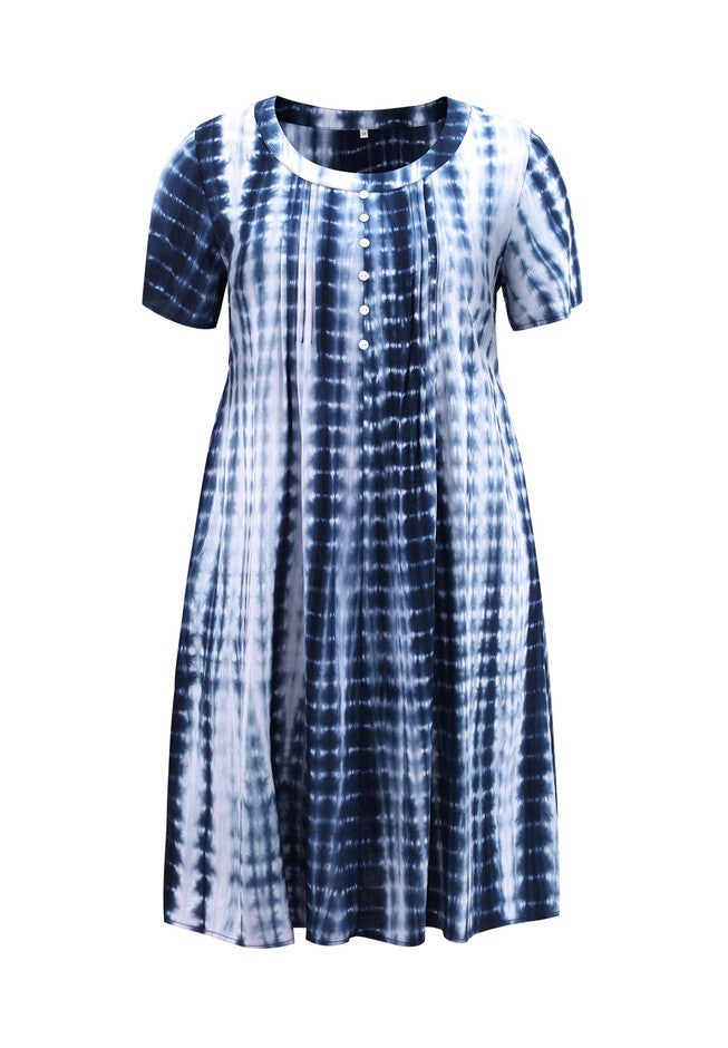 Toothpick Pleated Tie Dye Button Decor Round Neck Short Sleeve A-Line Dresses with Pockets, Dark Blue / Navy, alternate image number null