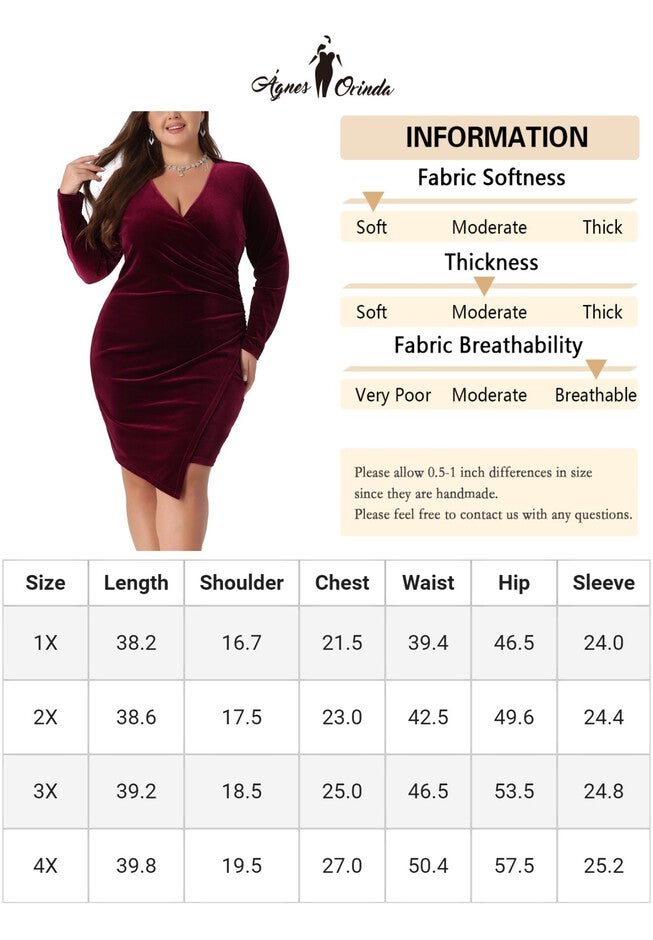 Long Sleeve Velvet Bodycon Wrap V Neck Ruched Cocktail Dress, Burgundy / Burgundy, alternate image number null