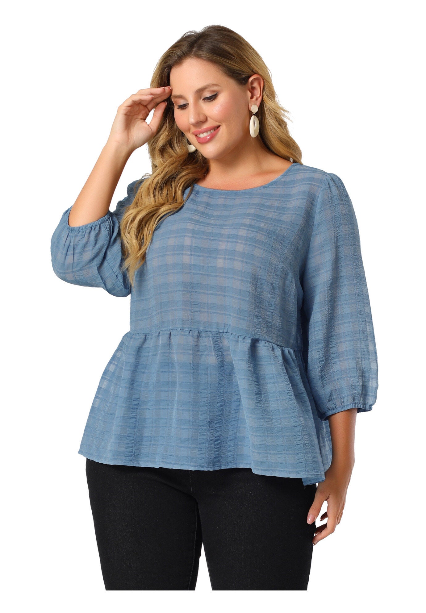 Babydoll Blouse Round Neck 3/4 Puff Sleeve Tiered Peplum Top, Blue / Dusty Blue, alternate image number 3
