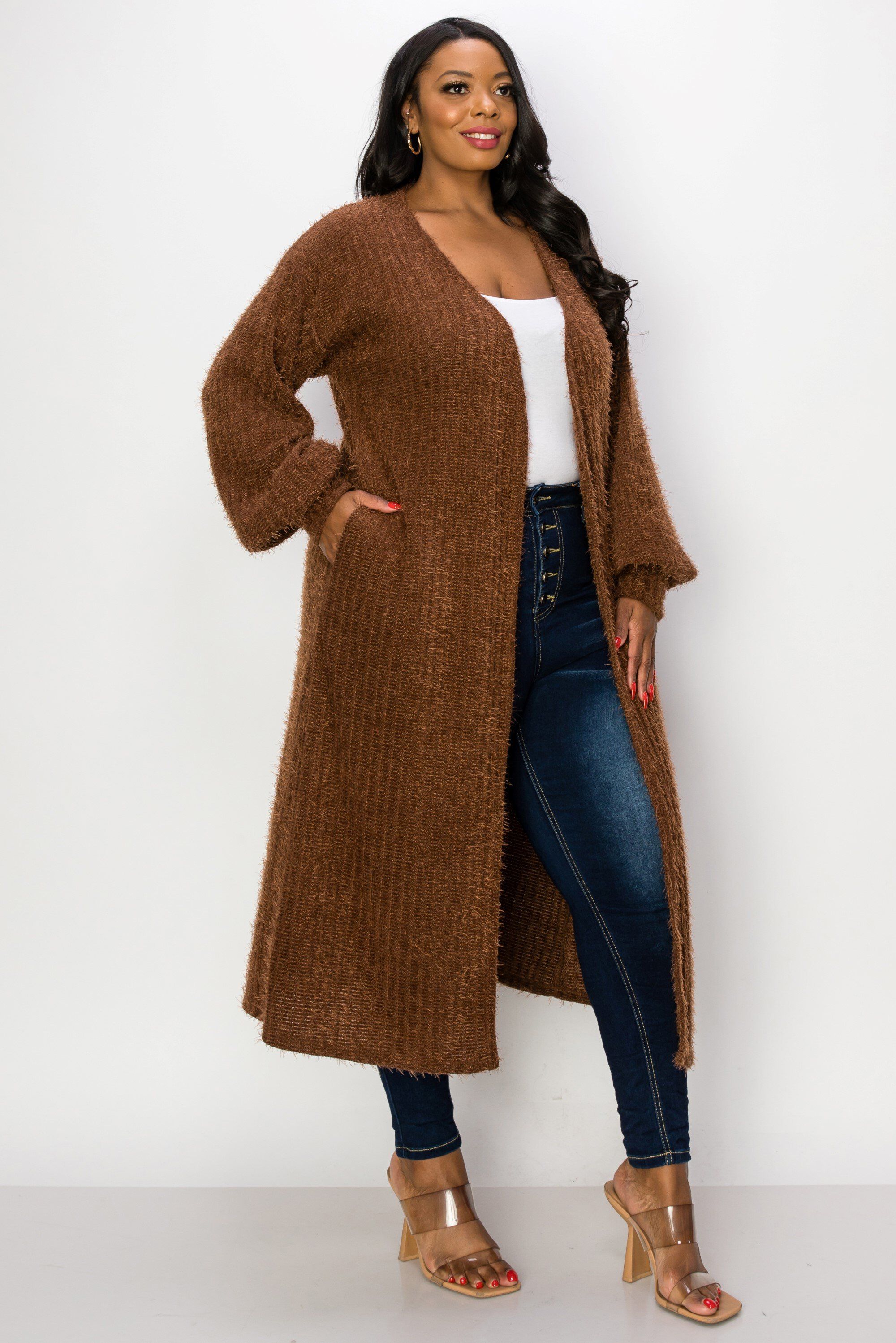 SERILDA FAUX FEATHER CARDIGAN, Brown / Brown, alternate image number 2