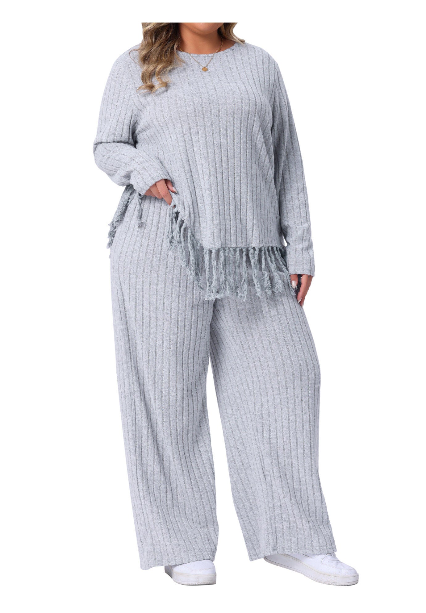 2 Piece Lounge Set Asymmetrical Fringe Hem Outfits, Gray / Cool Gray, alternate image number 1