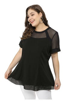 ROUND NECK SHORT SLEEVE MESH SHEER SUMMER PEPLUM TOP