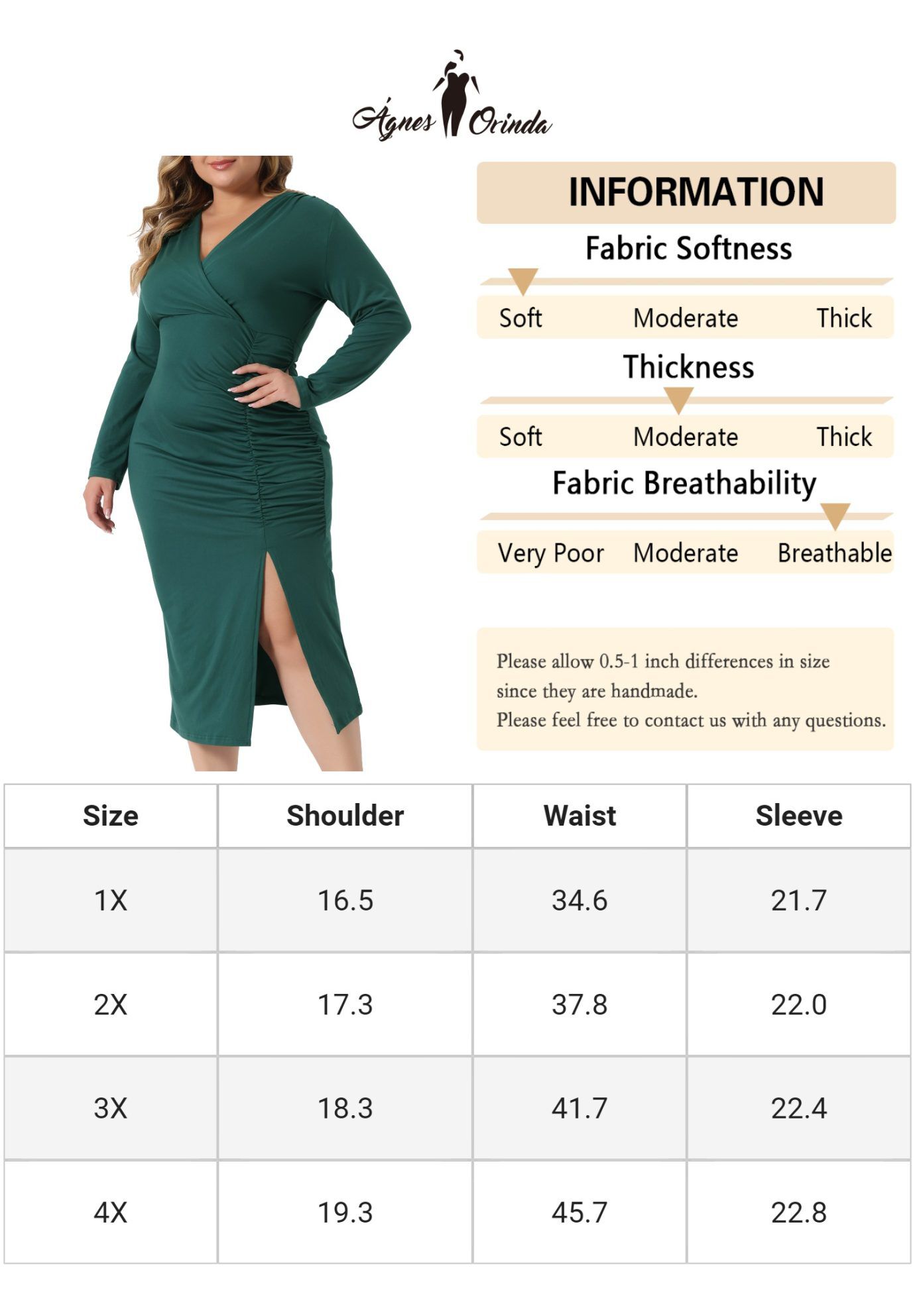 Long Sleeve Deep V Neck Ruched Slit Wedding Cocktail Bodycon Dress, Dark Green / Forest Green, alternate image number 4