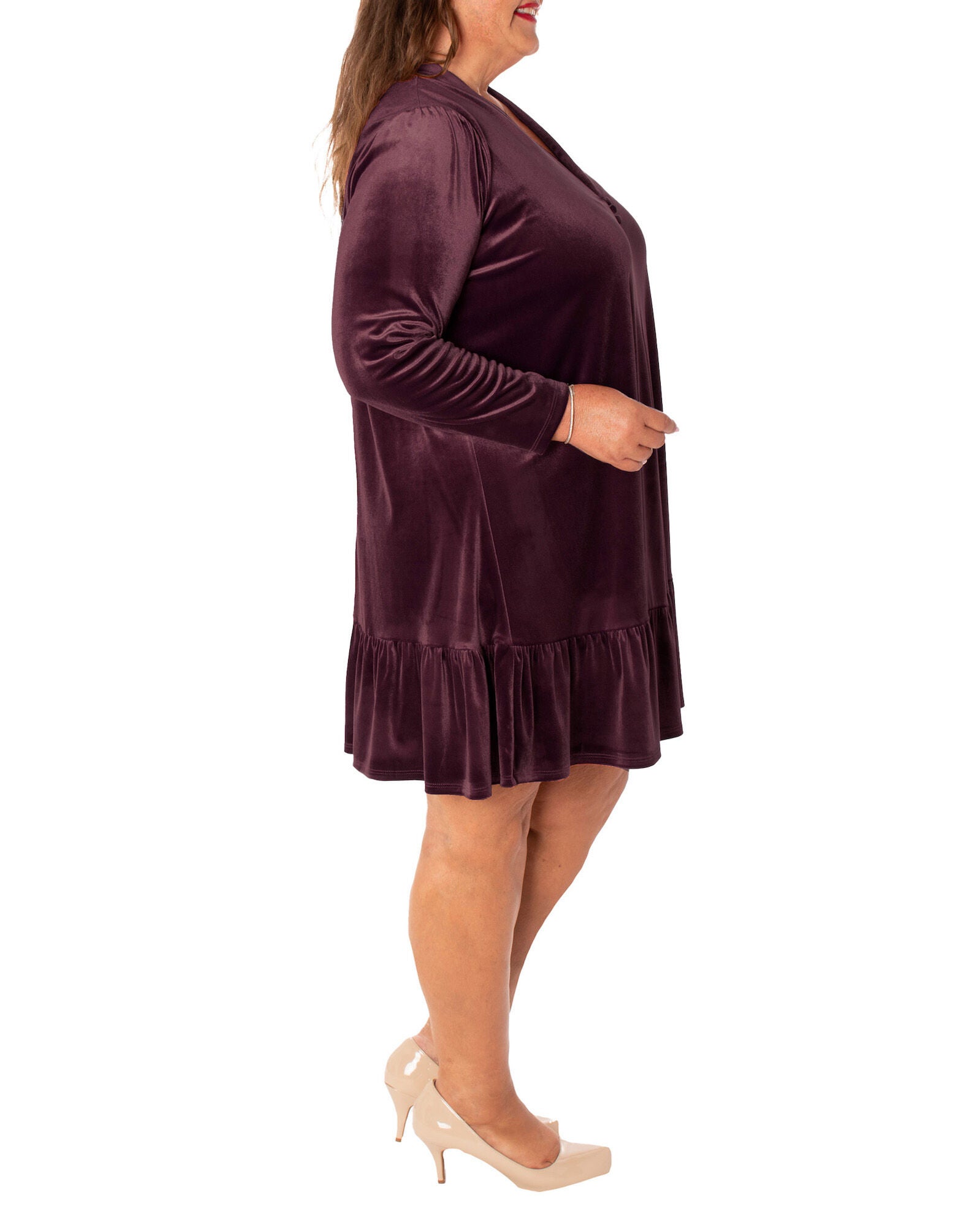 SOLID STRETCH  VELVET UNLINED DRESS, WINE TASTING / Purple, alternate image number 1