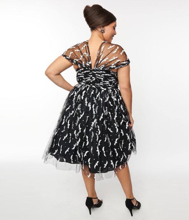 Unique Vintage Black Bats Garden State Swing Dress, Black / Black, alternate image number 2