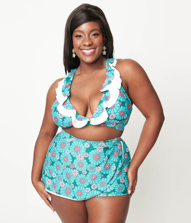 Unique Vintage Teal Flower Child High Waist Skort Swim Bottom, Teal Flower Child / Teal, hi-res image number null
