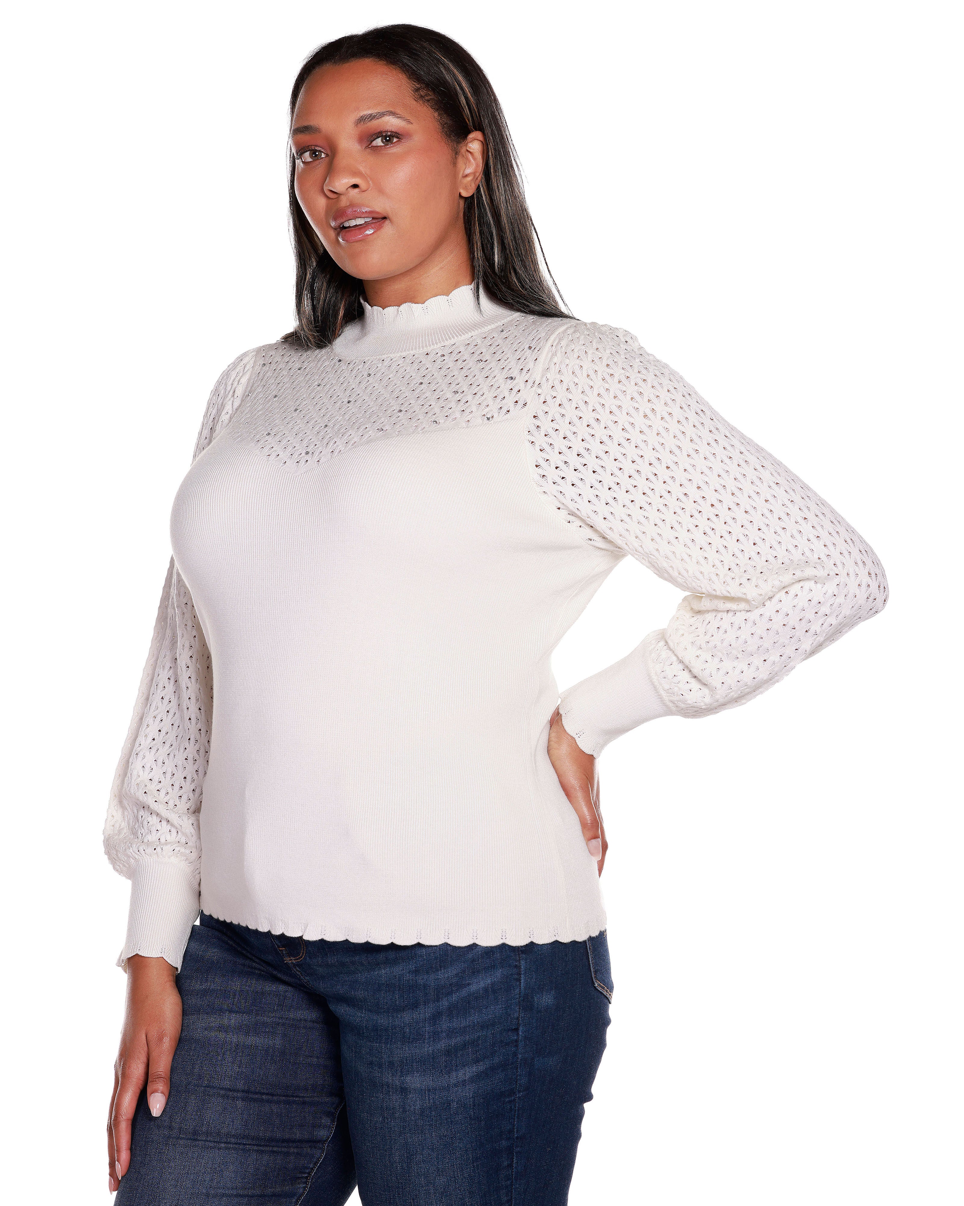 POINTELLE AND RHINESTONE DETAIL SWEATER, Winter White / Cream, alternate image number 2