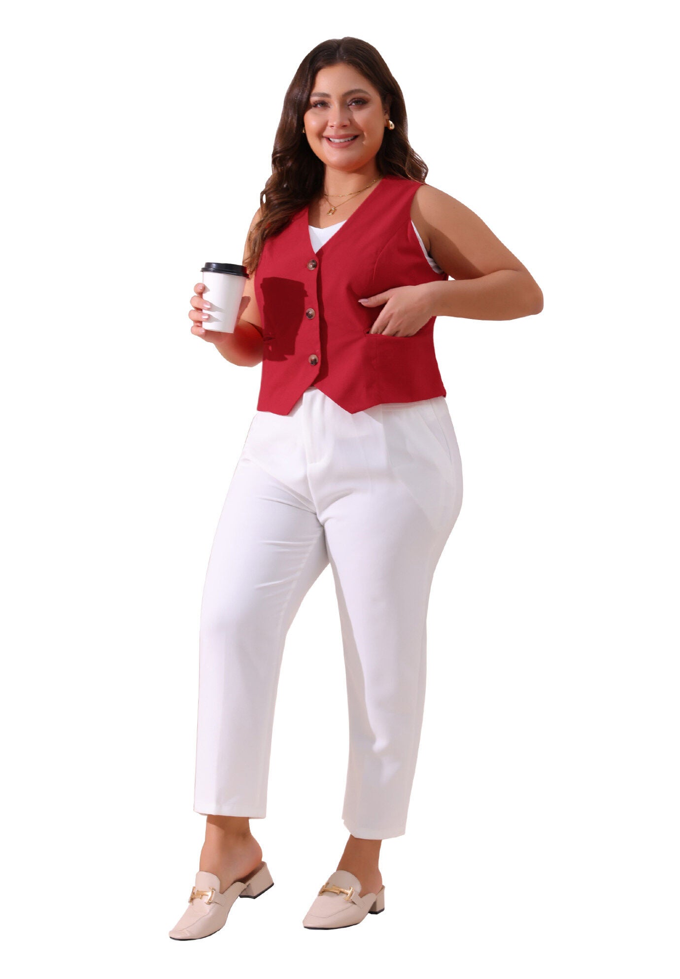 Linen Waistcoat Sleeveless Lined Vest Jacket, Red / Red, hi-res image number 0