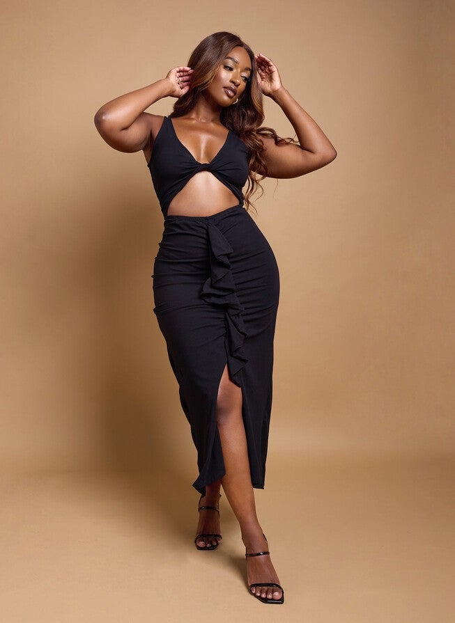 LUNA RUFFED CUT OUT MAXI DRESS, Black / Black, hi-res image number 0