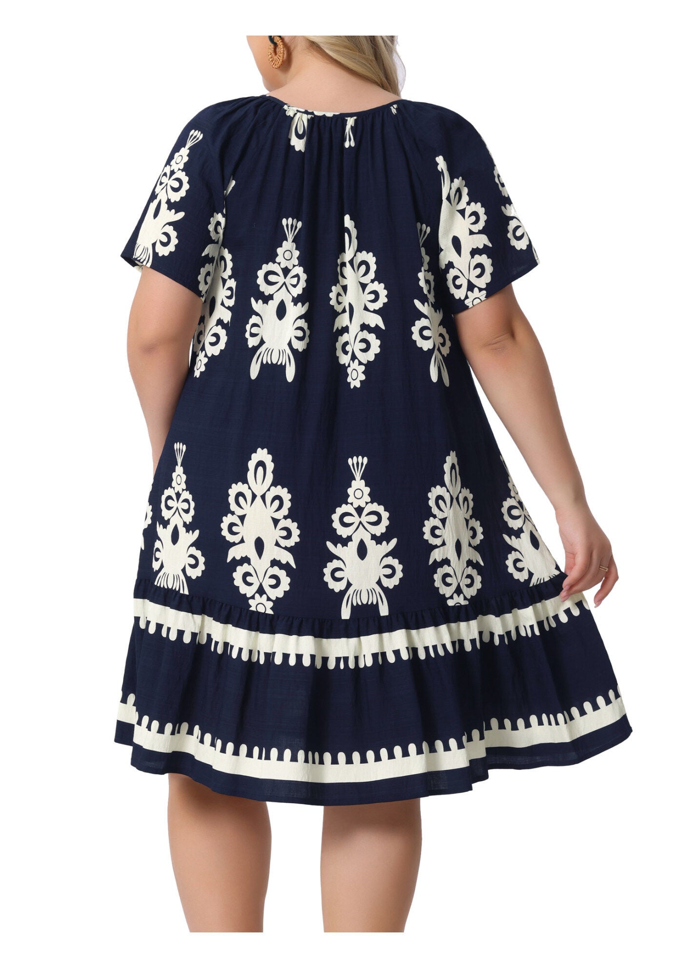 Summer Boho Short Sleeve Flared Midi Sun Dress, Dark Blue / Navy, alternate image number 4