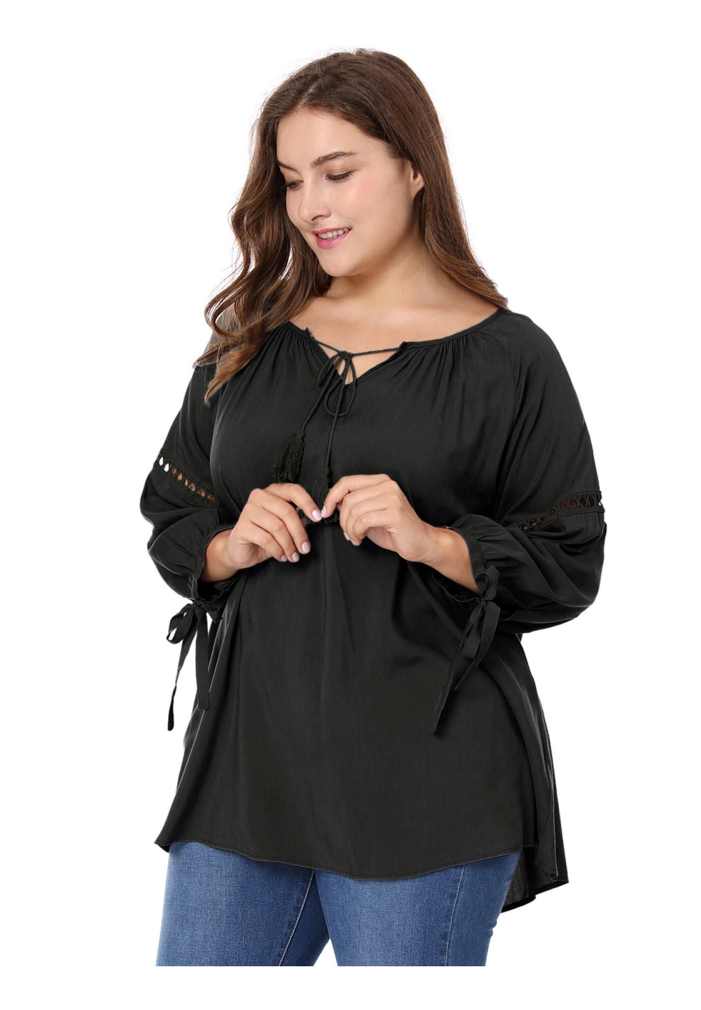 RAGLAN SLEEVES HOLLOW OUT TIE NECK PEASANT TOP, Black / Black, alternate image number 1
