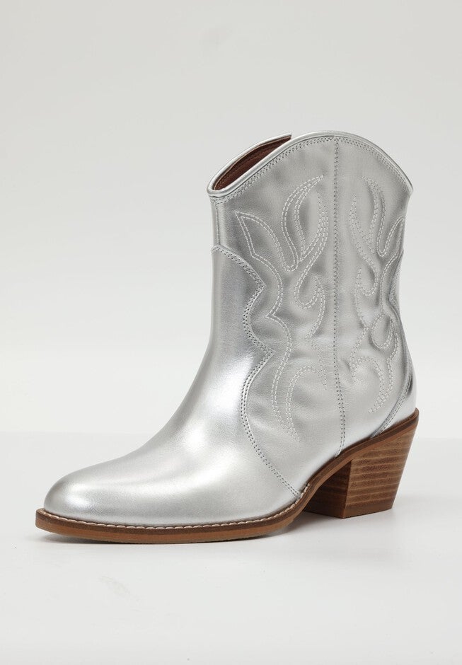 Jolene Embroidered Western Leather Ankle Boots, Metallic Silver / Silver, alternate image number 1